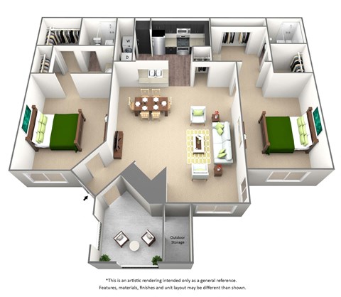 2 bedroom floor plan at The Willows on Rosemeade, Dallas, Texas